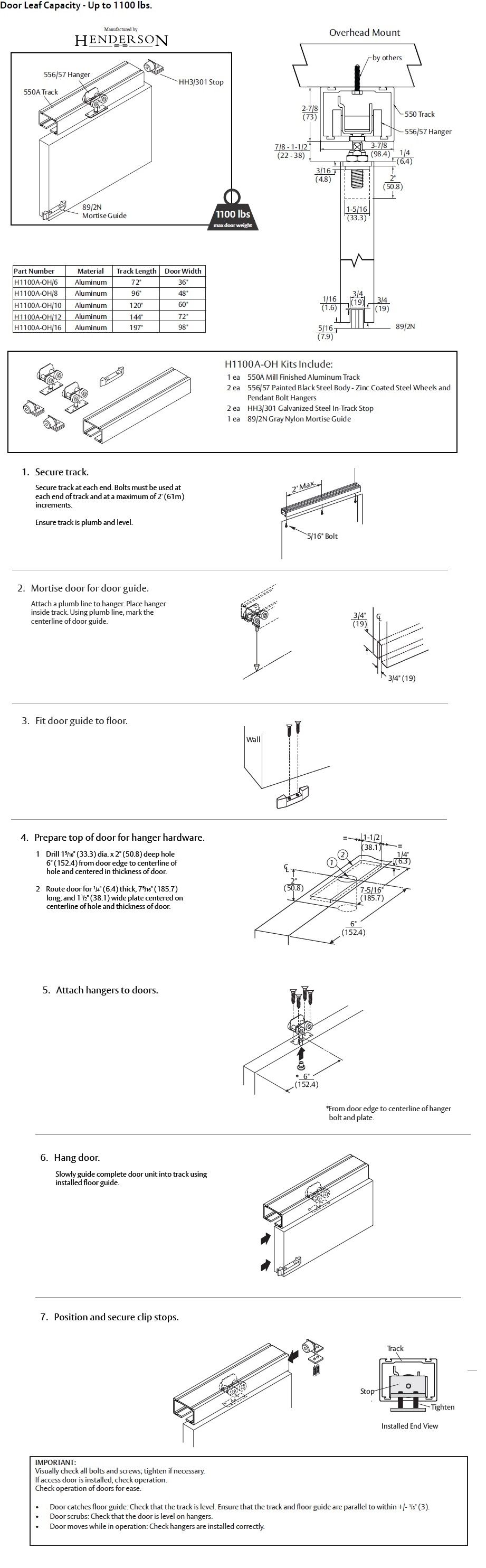 PC Henderson H1100H Sliding Door Installation Guide