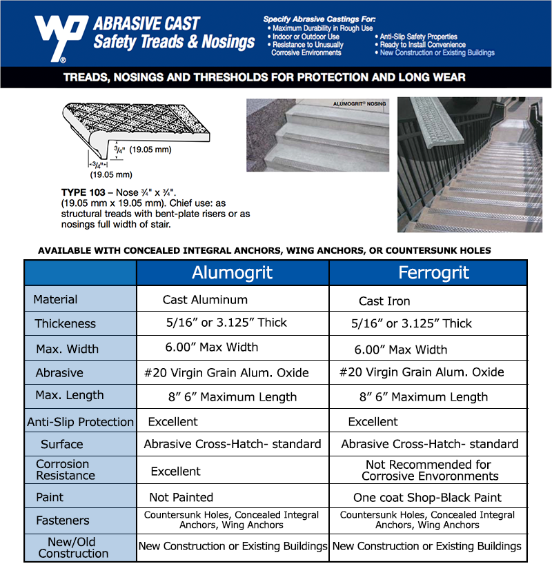 Product dimensions for W103 Abraseive safety tread and nosing for bent plate riser steel pan concrete steps