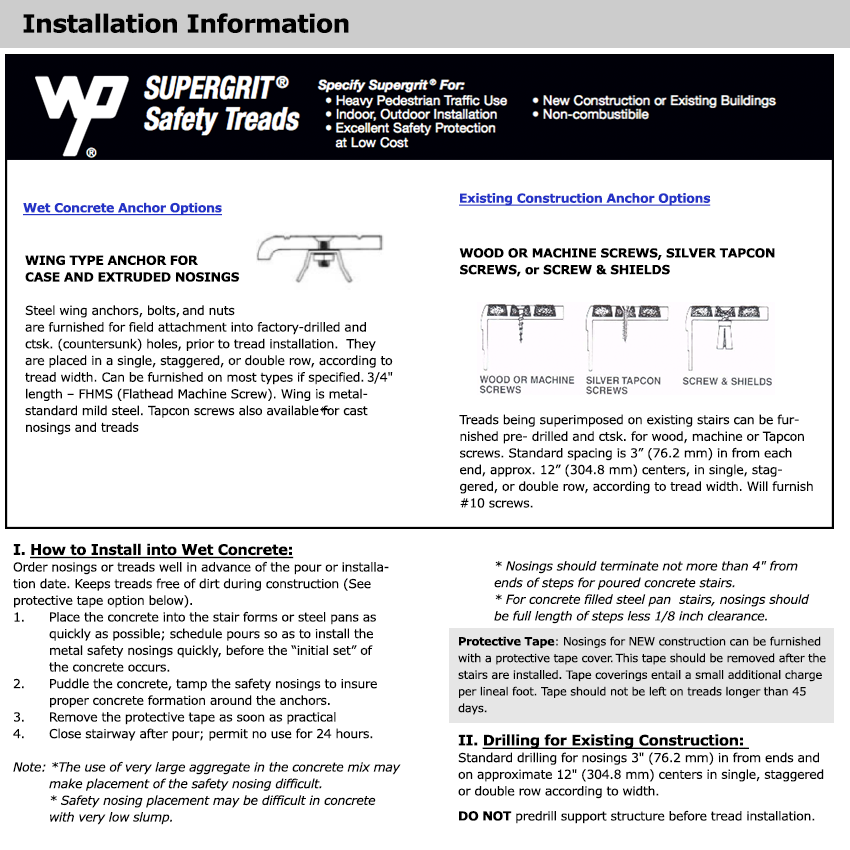 Wooster Supergrit W133 installation instructions for installing with anchors into existing construction and new concrete steps