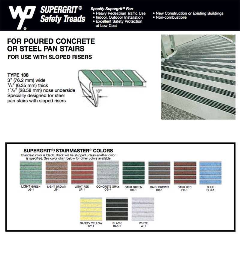 Product dimensions for Wooster W138 No-slip- stair nosing for sloped riser steel pan steps with 10° riser slope