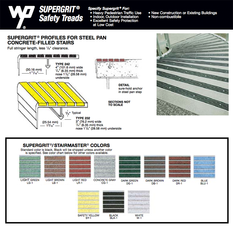 Wooster W232, W242 Abrasive Safety Treads and Nosings for steelr pan concrete filled steps product measurements