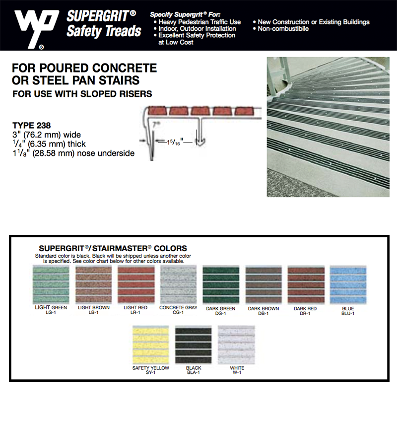Wooster 238 Abrasive grit Stair nosing for 7° slope steel pan concrete steps, new concrete
