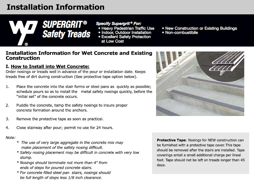 Installation Instructions for Wooster supergrit  safety treads with recessed edge for stair tile placement