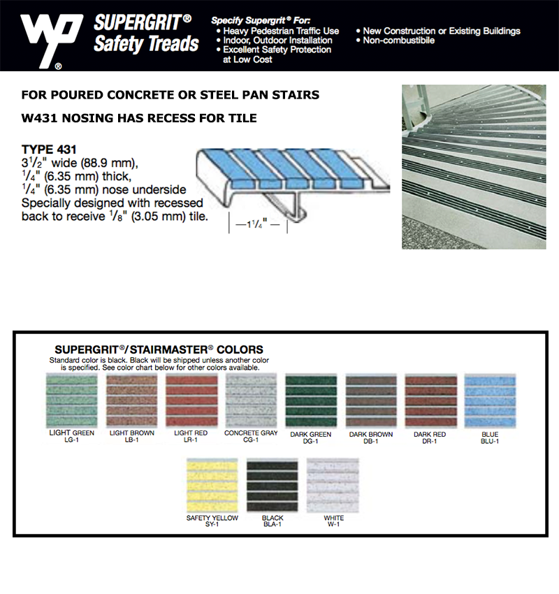Wooster Supergrit W431 Stair Tread With recessed edge for stair tiles and abrasive filler to stop slipping
