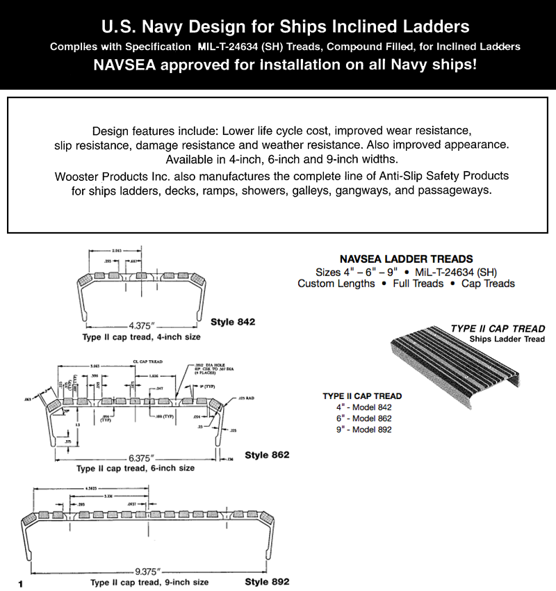 Wooster Ladder Cap Treads 842, 862, 892, Navsea Approved