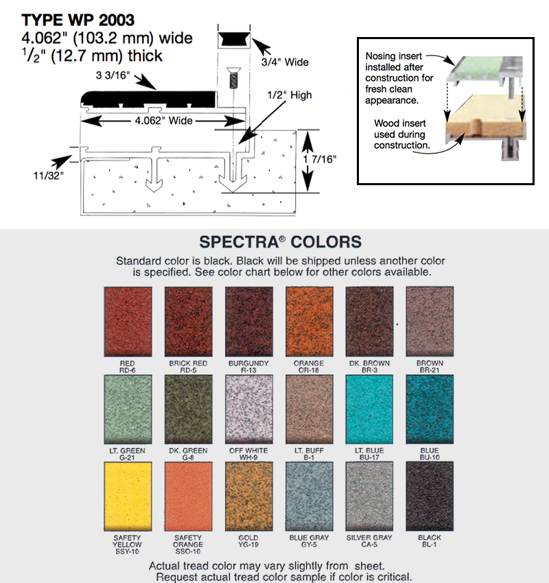 WP2003 WOoster Spectra Two Stage Stair Nosing for new concrete, dimensions