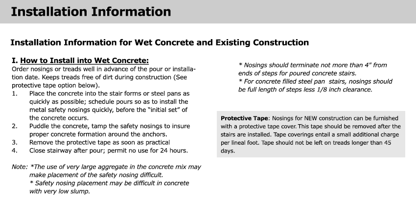 Installation information for Wet Concrete stair nosing placement