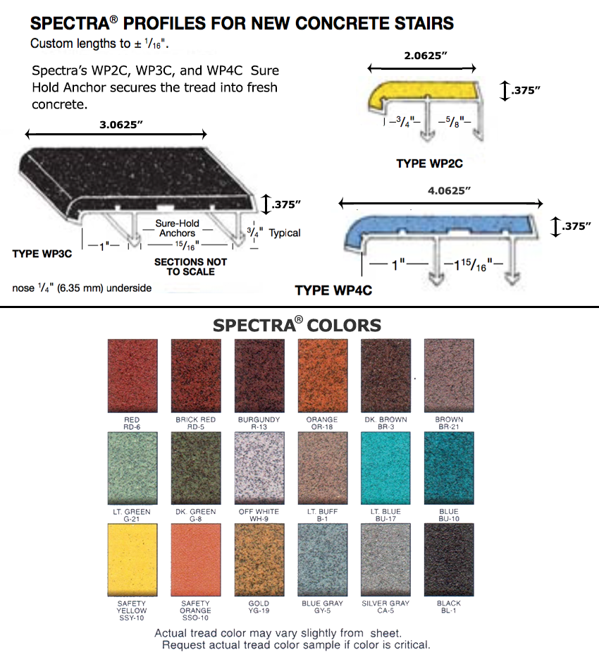 Product dimentions and color options for Wooster Spectra safety nosings for new concrete steps with sure hold anchors