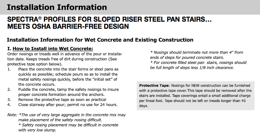 Installation instructions for WOoster Spectra WP2J safety stair nosing for new concrete with sure hold anchors