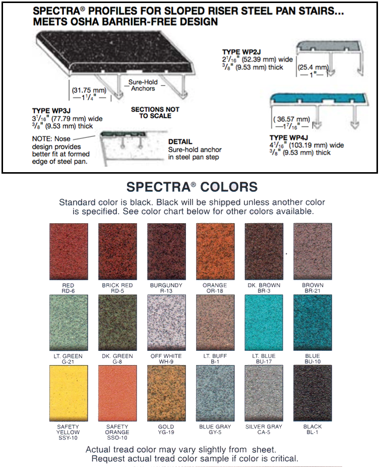 Product specs for WP2J, WP3J, WP4J Wooster spectra stair nosing