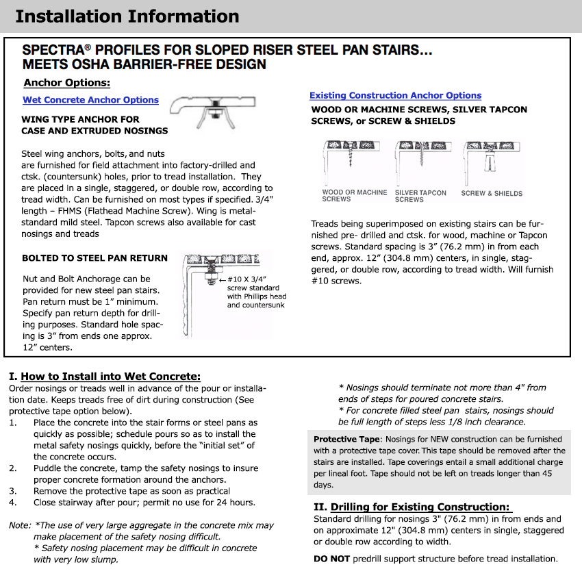 Installation information for WP2JT Stair nosing for sloped riser steel pan