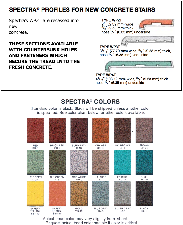 Measurements and color options for Wooster Spectra WP2T, WP3T,WP4T Stair Nosing for new concrete stairs with anti slip filler, 18 colors