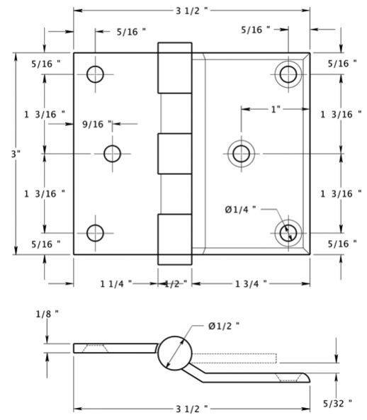 Deltana half surface hinge, 3" x 3-1/2"