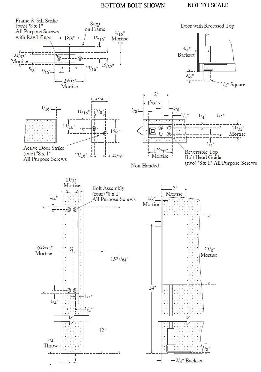 Product Specs of Rockwood Combination Flush Bolt Set, or Self Latching Top Bolt Only