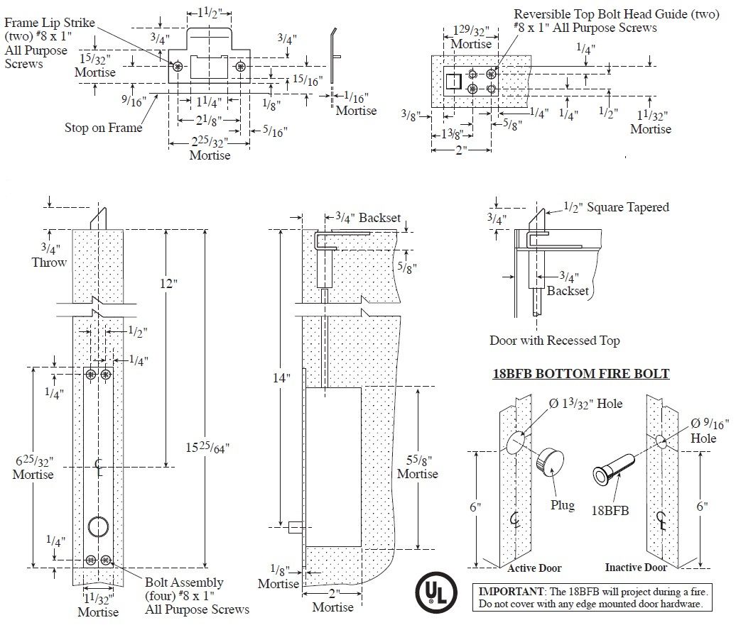 Product Specs of Rockwood Self Latching Flush Bolt with Bottom Fire Bolt for Metal Doors
