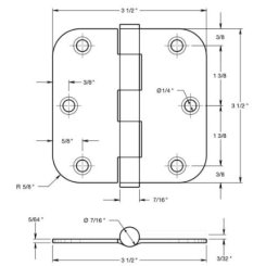 Deltana DTSS35R5U32D-R, Plain Bearing, Full Mortise, Stainless Steel Hinge
