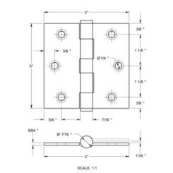 Deltana, Plain Bearing, Stainless Steel, Residential Grade, 5 Knuckle, Full Mortise Hinge, 3" x 3"