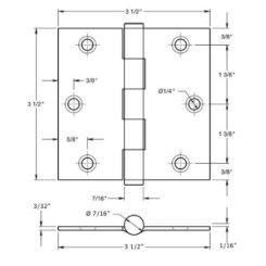 Deltana, Plain Bearing, Satin Stainless Steel (US32D), Residential Grade, 5 Knuckle, Full Mortise Hinge, 3.5" x 3.5"