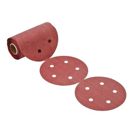 Hafele Premier Red Abrasive Disc, PSA 5", Aluminum Oxide, Rolls, 5 Holes, Grit 100, Pack of 100