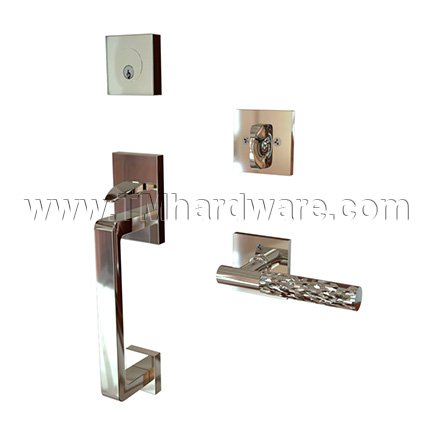 EMTEK Baden Entry Lock with L-Square Hammered Lever, Polished Nickel US14 Finish