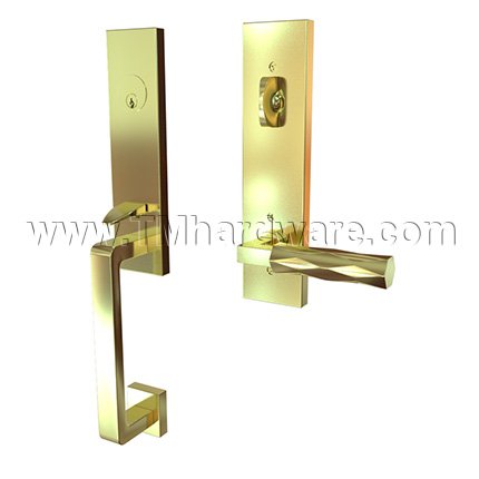 EMTEK Davos Entry Lock with L-Square Tribeca Lever, Satin Brass US4 Finish