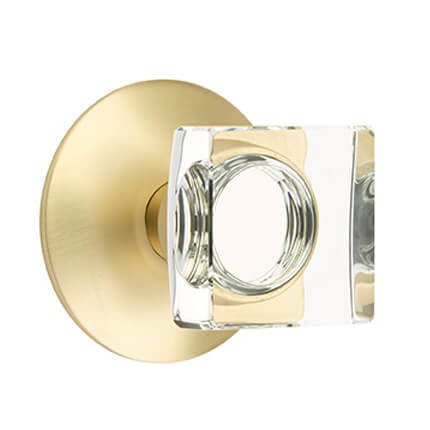 Emtek Modern Square Glass Door Knob, Modern Glass Knobset, Passage, Modern Rosette, Satin Brass (US4) Finish