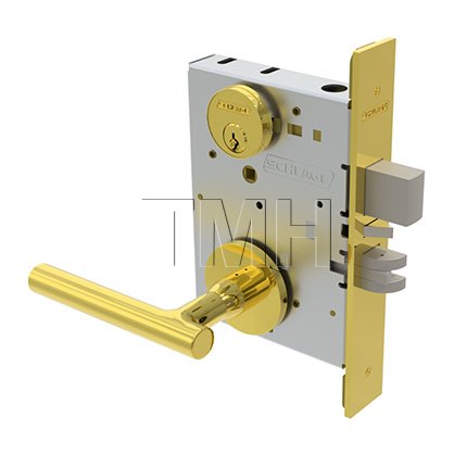 Schlage L Series, M51 Door Handle, Keyed, Vandlgard Single Cylinder, Deadbolt, Vandlgard entrance/office lock with deadbolt, Bright Brass Finish